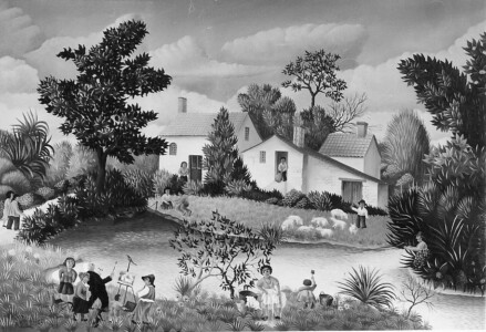 (H.B-104)- Autour de la Mare – Le peintre au travail. hsb de format 24×35 cm, daté 1971. Signé en bas à gauche.