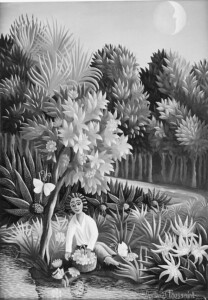 (H.B-113) Jeune Fille sous l’arbre en fleurs. Valérie la deuxième fille de l’artiste. hsb de format 18×12 cm, daté 1972. Signé en bas à droite.