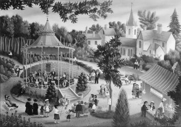 (H.B-115)- Le Concert du dimanche sur la place du village. hsb de format 33×46 cm, daté 1972. Signé en bas à droite.