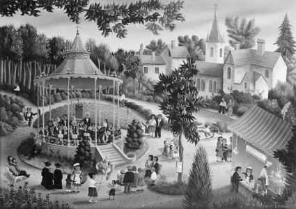 (H.B-115)- Le Concert du dimanche sur la place du village. hsb de format 33×46 cm, daté 1972. Signé en bas à droite.