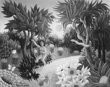 (H.B-121)- Ève et le serpent dans le Jardin d’Éden. hsb de format 19×24 cm, daté 1972. Signé en bas à gauche.