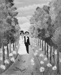 (H.B-123)- Les Mariés sur la route du bonheur. hsb de format 18×14 cm, daté 1972. Signé en bas à gauche.