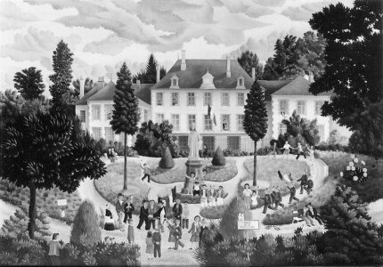 (H.B-127)- 14 Juillet devant la Préfecture de la Vendée. hsb de format 50×65 cm, Daté 1972. Signé en bas à gauche.