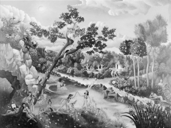 (H.B-137)- Chants et danses dans la forêt.
hsb de format 54×73 cm, daté 1972. Signé (H.B-137)- Chants et danses dans la forêt. hsb de format 54×73 cm, daté 1972. Signé