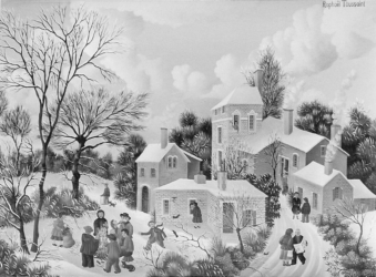 (156)- Scène hivernale autour du feu de bois-1973- hsb 19x27 cm. 156)- Scène hivernale autour du feu de bois-1973- hsb 19x27 cm.