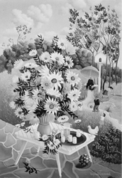 (162)- Bouquet sur table de jardin-1973- hsb 33x22 cm. (162)- Bouquet sur table de jardin-1973- hsb 33x22 cm.