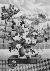 (163)- Bouquet sur coffre vendéen-1973- hsb 33x24 cm. (163)- Bouquet sur coffre vendéen-1973- hsb 33x24 cm.