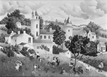 (165)- Danses champêtres devant le Château d'Apremont-1973- hsb 33x46 cm. (165)- Danses champêtres devant le Château d'Apremont-1973- hsb 33x46 cm.