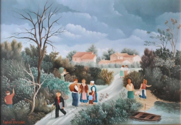 (288)- Sur le chemin du village. hsb de format 24×35 cm, daté 1976. Signé en bas à gauche.