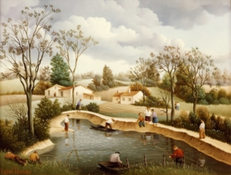 (418)- Un Dimanche au bord de l'Étang-1979-hsb 24x35 cm.