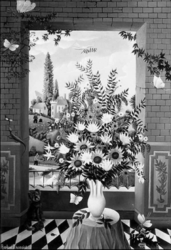 (H.B-51)- Bouquet au chien noir
hsb de format 35×24, daté 1970. Signé en bas à gauche.