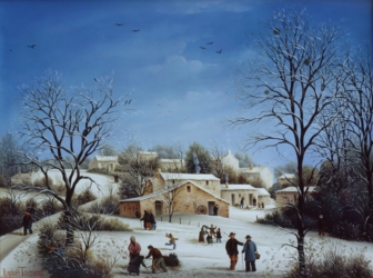 (556)-La Cour de ferme en hiver-Village près de Mareuil sur Lay-1984-27x35 cm.