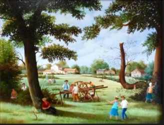 (600)- À l’ombre dans la prairie des grands chênes
À l’ombre dans la prairie des grands chênes. hsb de format 27×35 cm, daté 1986.
Signé en bas à gauche.
