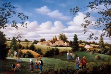 (601)- La Récolte des foins dans un paysage vendéen. hsb de format 24×35 cm, daté 1986. Signé en bas à gauche.