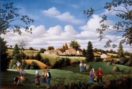 (601)- La Récolte des foins dans un paysage vendéen. hsb de format 24×35 cm, daté 1986. Signé en bas à gauche.