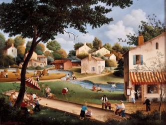 (606)- La Partie de boules chez Chouchou-Sur la Sèvre nantaise-1986-50x65 cm.