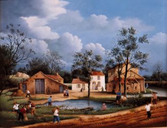 (608)- Village du puits Maguy – Aubigny – Vendée. hsb de format 27×35 cm, daté 1986. Signé en bas à gauche.