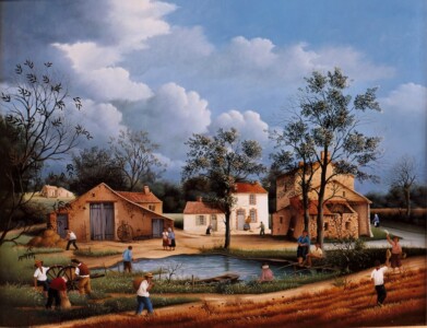 (608)- Village du puits Maguy – Aubigny – Vendée. hsb de format 27×35 cm, daté 1986. Signé en bas à gauche.
