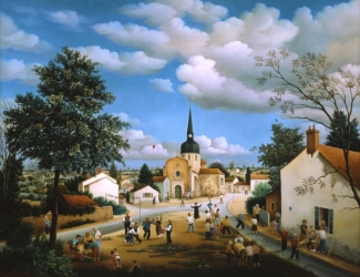(618)- La fête au village de la Jonchère-1986-hsb 50x65 cm.