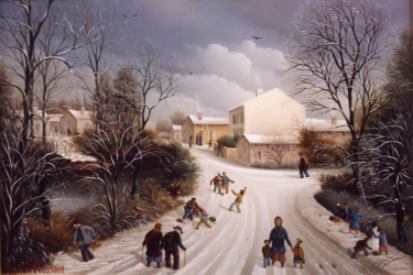 (633)- Sur le chemin de l'école-Paysage de neige-1988- hsb 24x35 cm.