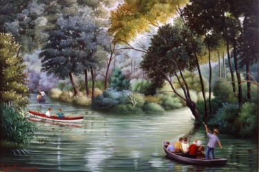 (H.B-563)- Le Pont de l’Essaudière près de Mouchamps et la ferme du docteur Lamiraud hsb de format 27×35 cm, daté 1984. Signé en bas à gauche.
