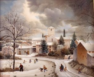 (677)- Scène d'hiver autour de la vieille église de Pouzauges-1990-8x46 cm.