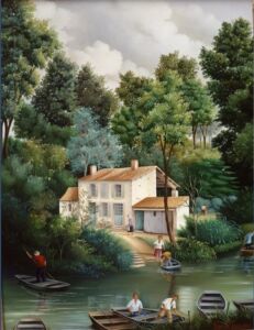 (H.B-678)- L’Embarcadère dans le Marais poitevin hsb de format 35×27 cm, daté 1990. Signé en bas à droite.