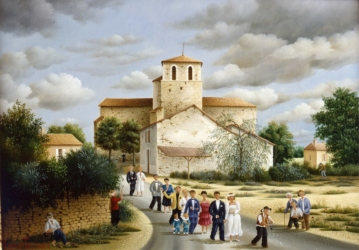(683)- L'Église de Simon la Vineuse-Le Cortège-1990-hsb 35x24 cm.