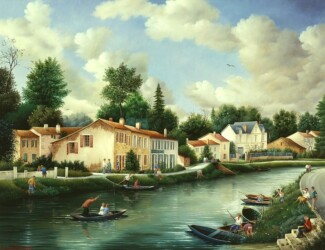 (H.B-685)- Sur le grand Canal – Coulon – Dans le Marais poitevin hsb de format 50×65 cm, daté 1991. Signé en bas à gauche.