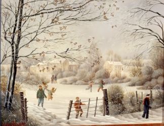(691)- Le Beignon-Basset-L'Enfant à la barrière-Neige-1991-27X35cm.