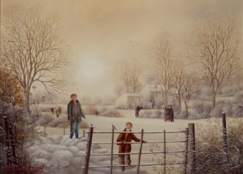 (692)- Les Enfants dans la neige-Sur la route-1991-hsb 19x27 cm.