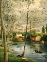 (695)- Le Bourg du Poiré sur Vie surplombant le Lac-1991-hsb 35x27 cm.