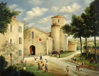 (697)- Les Gens du cirque sur la place du village-L'Église du Péault-1991-hsb 60x81 cm.
