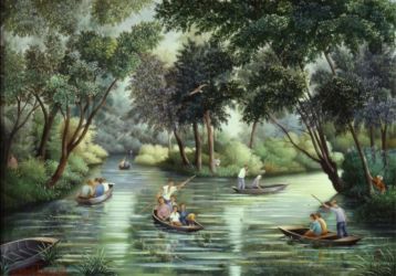 (H.B-703)- Dans le Marais poitevin – Les Barques. hsb de format 24×35 cm, daté 1991. Signé en bas à gauche.