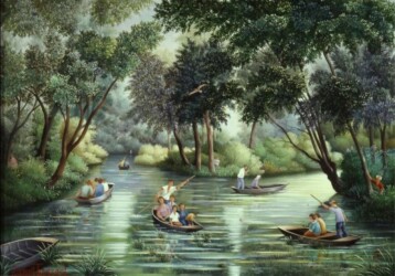 (H.B-703)- Dans le Marais poitevin – Les Barques. hsb de format 24×35 cm, daté 1991. Signé en bas à gauche.