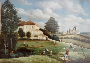 (704)- Le Château de Montviel-La Prairie en fleurs-Lot et Garonne-1991-hsb 33x46 cm.