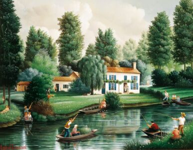 (H.B-714)- La Maison aux volets bleus – Dans le Marais poitevin. hsb de format 27×35 cm, daté 1991. Signé en bas à gauche.