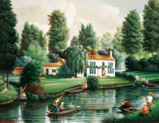 (H.B-714)- La Maison aux volets bleus – Dans le Marais poitevin. hsb de format 27×35 cm, daté 1991. Signé en bas à gauche.