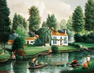 (H.B-714)- La Maison aux volets bleus – Dans le Marais poitevin. hsb de format 27×35 cm, daté 1991. Signé en bas à gauche.