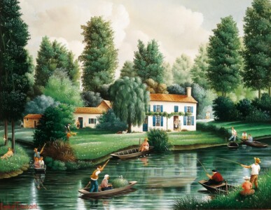 (H.B-714)- La Maison aux volets bleus – Dans le Marais poitevin. hsb de format 27×35 cm, daté 1991. Signé en bas à gauche.