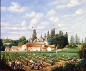 (732)- Le Château de la Preuille-Scène de vendanges-1994-hsb 38x46 cm.