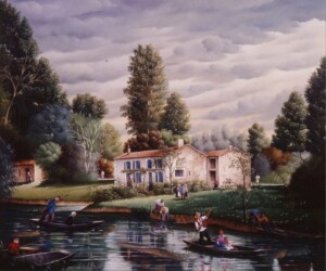 (H.B-749)- Dans le Marais – La Maison aux volets bleus hsb de format 39×46 cm, daté 1996. Signé en bas à gauche.