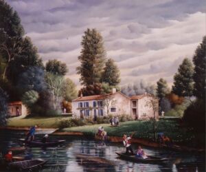 (H.B-749)- Dans le Marais – La Maison aux volets bleus hsb de format 39×46 cm, daté 1996. Signé en bas à gauche.
