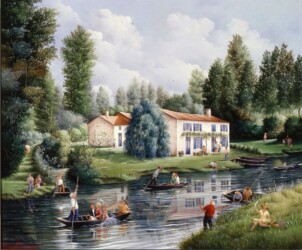 (H.B-761)- La Ferme aux volets bleu dans la Venise verte-hsb de format 38×46 cm, daté 1997.Signé en bas à gauche. hsb de format 38×46 cm, daté 1997.Signé en bas à gauche.