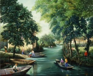 (H.B-773)- Sous les ombrages du Marais poitevin hsb de format 38×46 cm, daté 1998. Signé en bas à gauche.