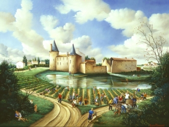(785)- Le Château de la Grève -Scène de Vendanges-1999-hsb 46x61 cm.