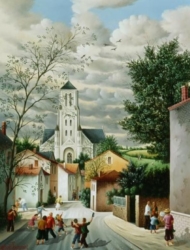(821)-La rue de l'église-Saint Etienne du Bois-2004-hsb 35x27 cm.