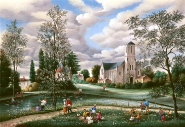 (822)-La prairie en fleurs et l'Église de Palluau-2004-hsb 24x35 cm.