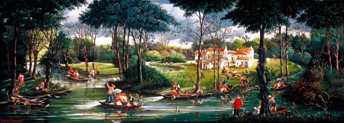 (H.B-827)- La Venise verte – Promenade en barque par une belle journée d’été
hsb de format 35×95 cm, daté 2005. Signé en bas à gauche.