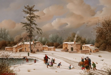(869)- Scène hivernale - Village de Beaupuy Mouilleron-2012-hsb 24x34 cm.